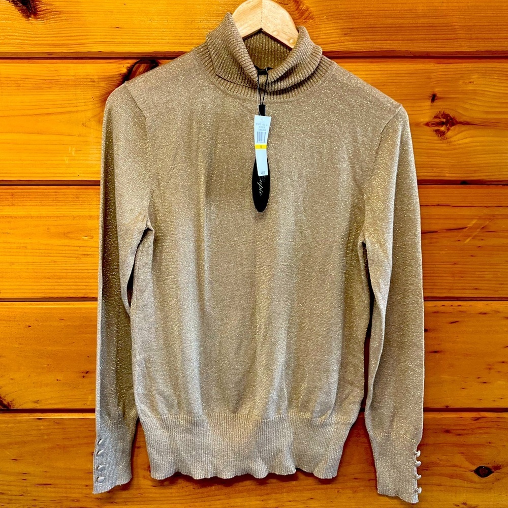 NEW Cupio Gold Lame' Metallic Long Sleeve Turtleneck Sweater Top Women’s size M